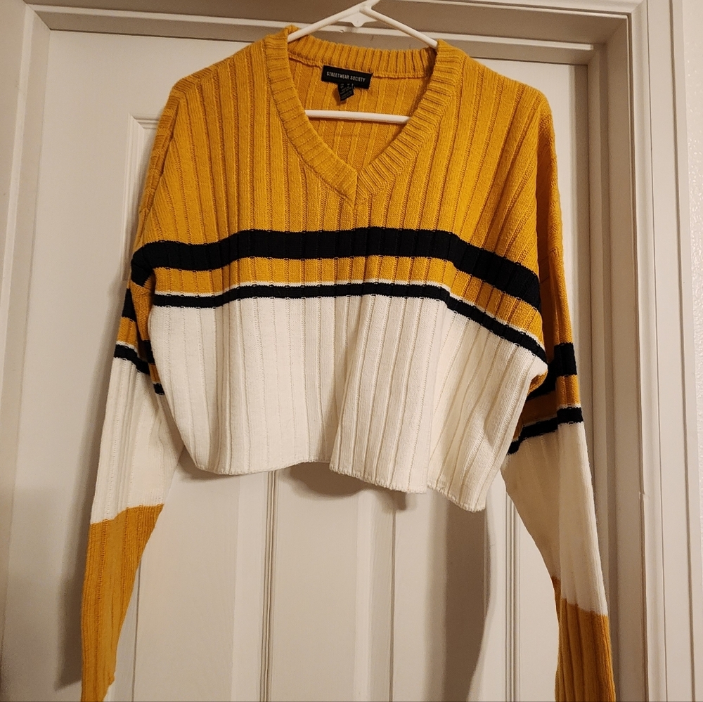 Streetwear Society Mustard, Black, and White V-Neck Sweater